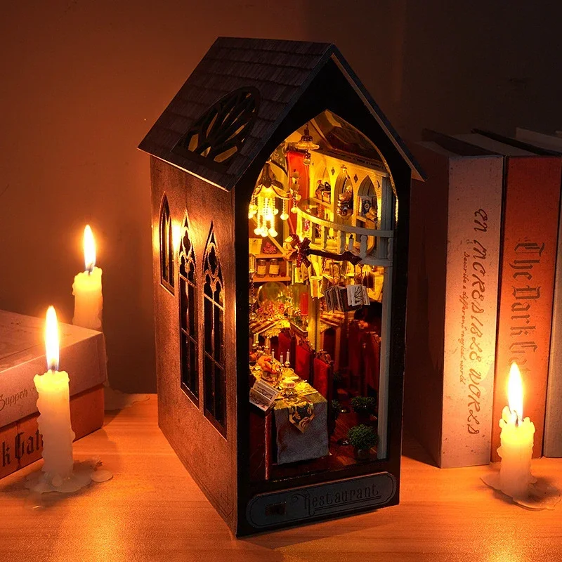 Diy Wooden Book Nook Kit Shelf Insert - رف كتب سحري على شكل مطعم